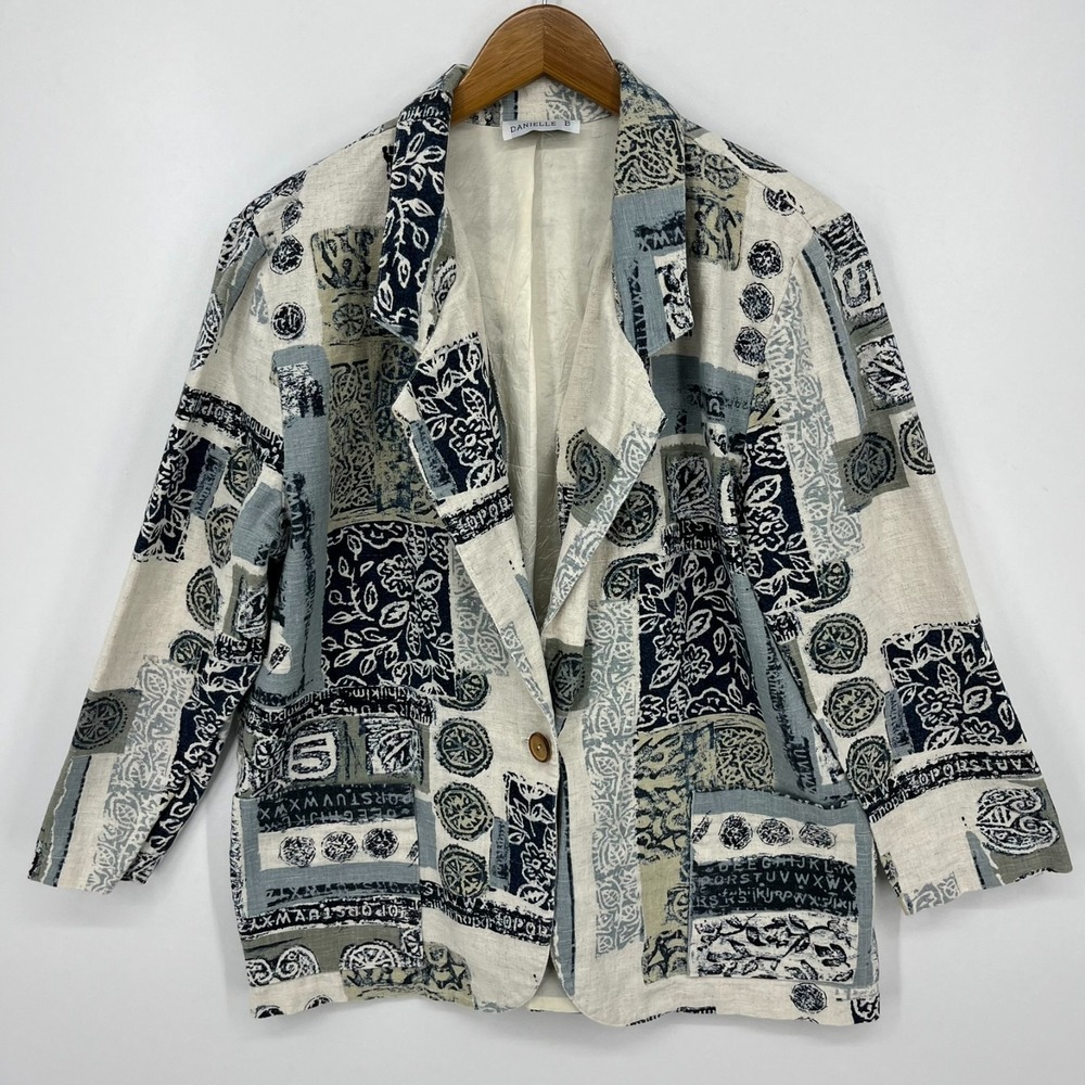 Danielle B‎ Blazer Jacket Women's Size L Gray Cotton Blend Button Boho Geometric